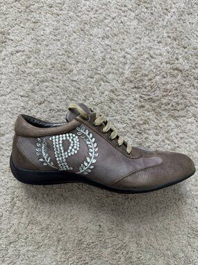 Pollini Leather Suede Sneakers Crystal P Logo Women's EU 39 US 8 Shoes
